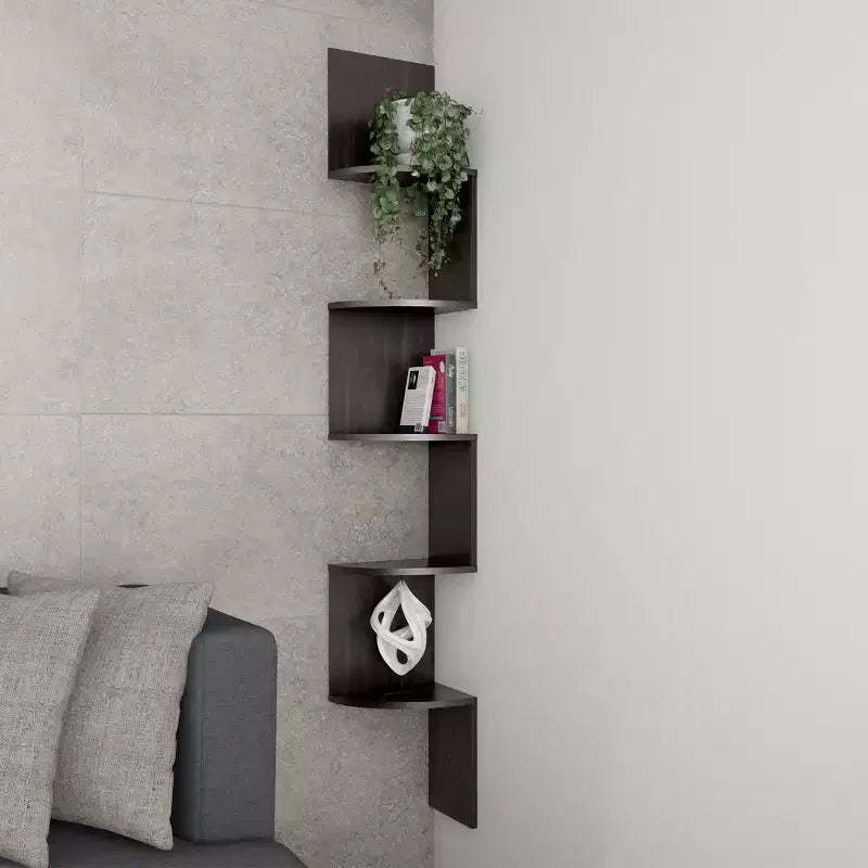 Hastings Home 5-Tier Floating Corner Shelf, Wall Shelves with Hidden Brackets to Display Dcor, Books, Photos, More, Matte Espresso Brown