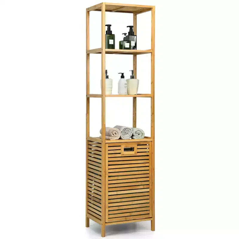 Costway Bathroom Tilt-out Laundry Hamper Bamboo Tower Hamper w/3-Tier Shelves