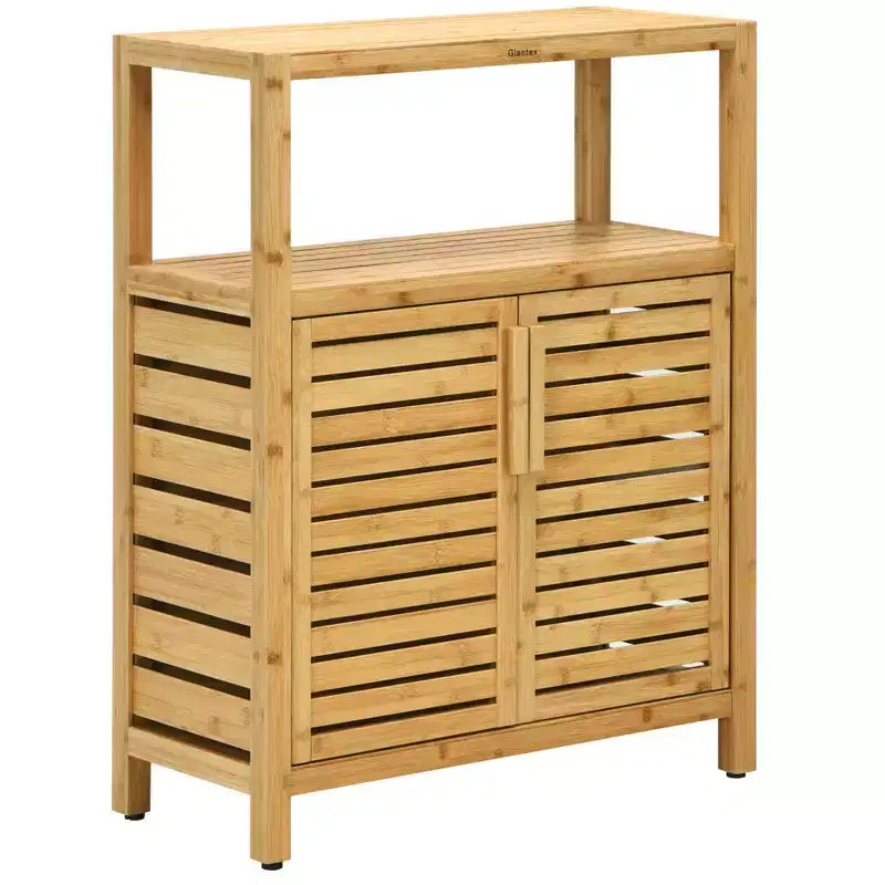 Costway Two-door Bamboo Bathroom Floor Cabinet Storage Organizer w/ Open Shelf