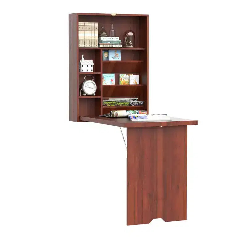 HOMCOM Wall Mounted Desk, Fold Out Convertible Desk, Multi-Function Computer Table Floating Desk with Shelves for Home Office, Mahogany