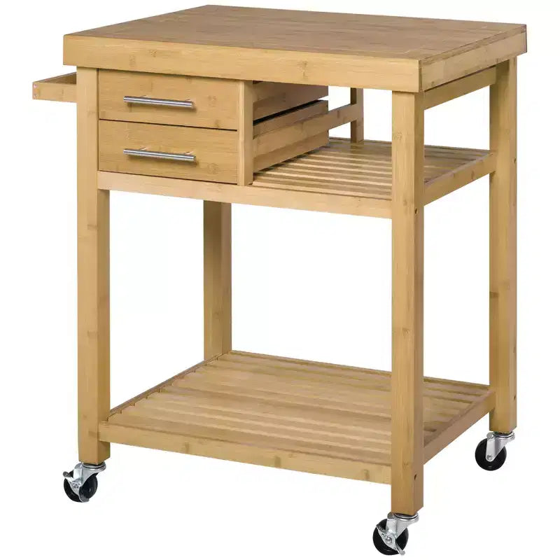 HOMCOM Bamboo Kitchen Island Cart on Wheels, Utility Trolley Cart with 2 Storage Drawers and Open Shelves, Bamboo Tone