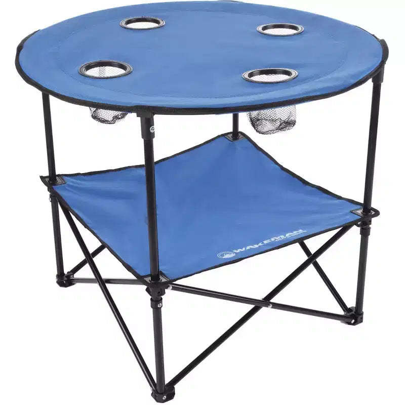 Leisure Sports Round 2-Tier Folding Camp Table With Cup Holders and Carrying Bag - Blue