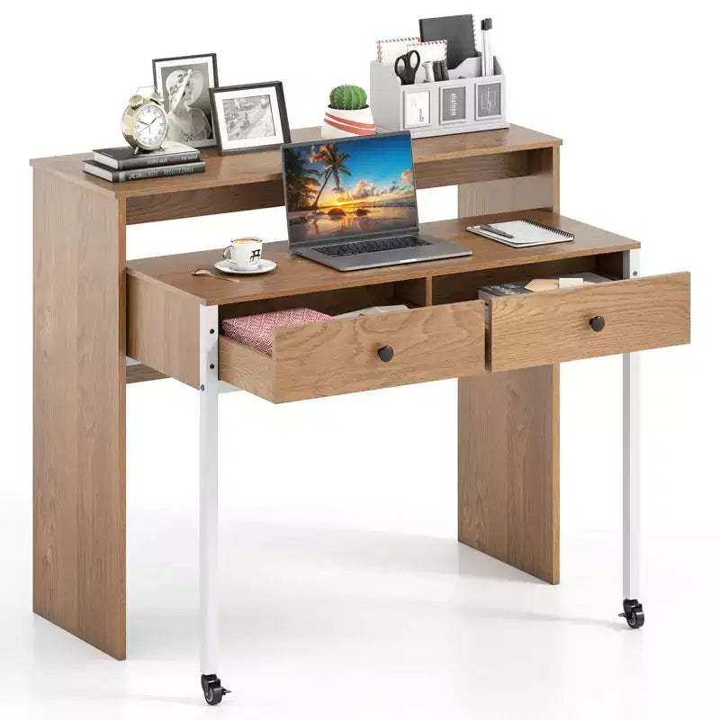 Costway 39.5 Expandable Rolling Computer Desk with Monitor Shelf 2-tier Desktop 2 Drawers