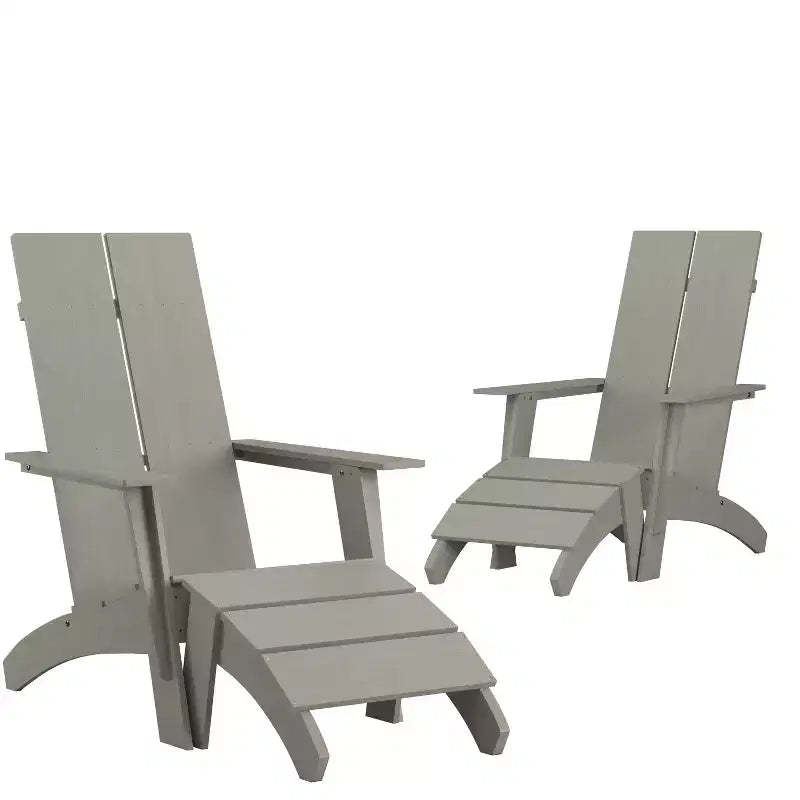 Merrick Lane Set of 2 Adirondack Slatted Back Patio Chairs With Accompanying Foot Ottomans