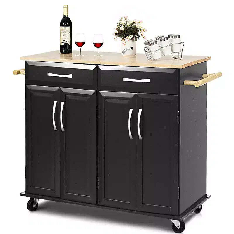 Costway Rolling Kitchen Trolley Island Black Cart Wood Top Storage Cabinet Utility W/ Drawers