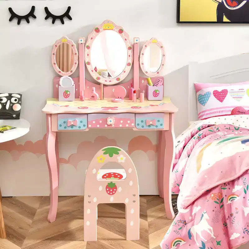 Costway Kids Vanity Princess Makeup Dressing Table Chair Set w/ Tri-fold Mirror Pink