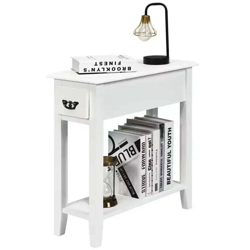 Costway 2 Tier End Bedside Sofa Side Table Narrow Nightstand w/Drawer &Shelf White