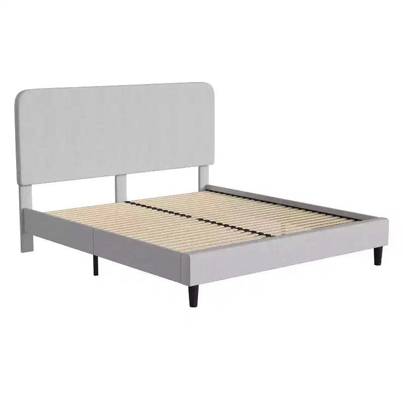 Emma and Oliver Pasithea Upholstered Platform Bed with Curved, Slim Panel Headboard and Wooden Support Slats