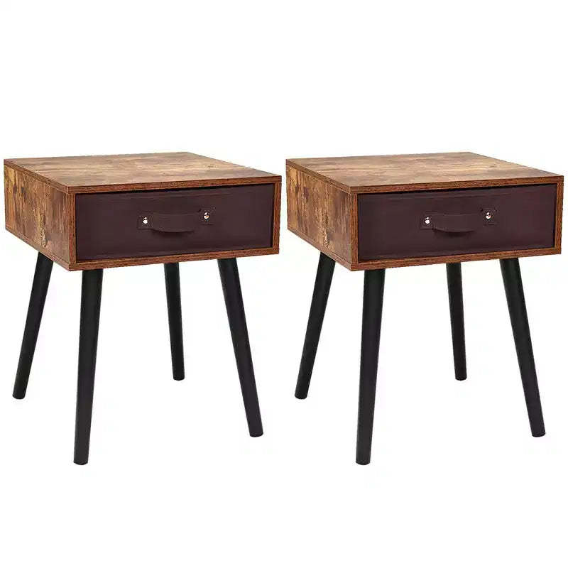 Costway Set of 2 Mid-Century Nightstand End Accent Bedside Table W/ Drawer Rustic White\Brown