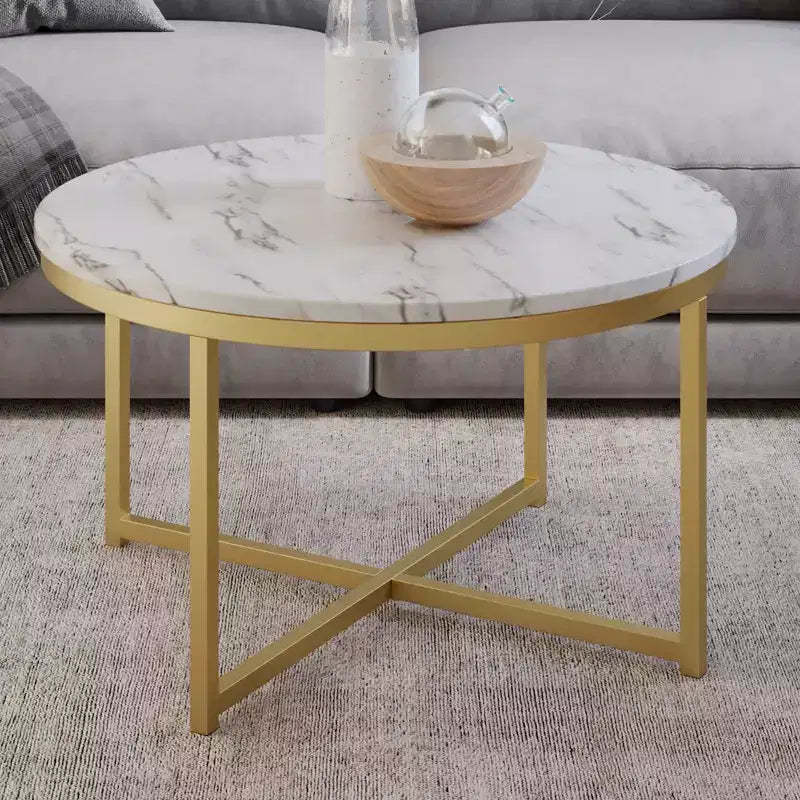 Lavish Home Round Coffee Table with Faux Mable Top and Metal Crossbeam, White/Gold