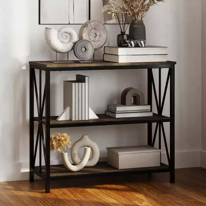 Lavish Home Freestanding 3-Tier Bookshelf  Industrial Wood and Metal Shelving, Brown Woodgrain