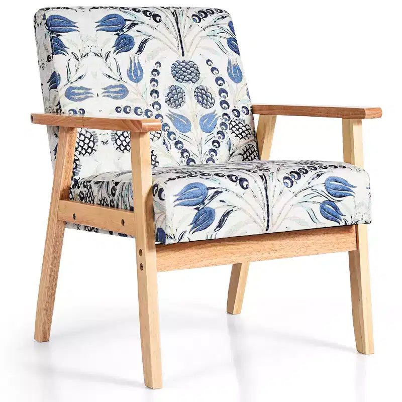 Costway Modern Accent Armchair Upholstered Lounge Chair w/Rubber Wood Leg Yellow\ Blue Floral