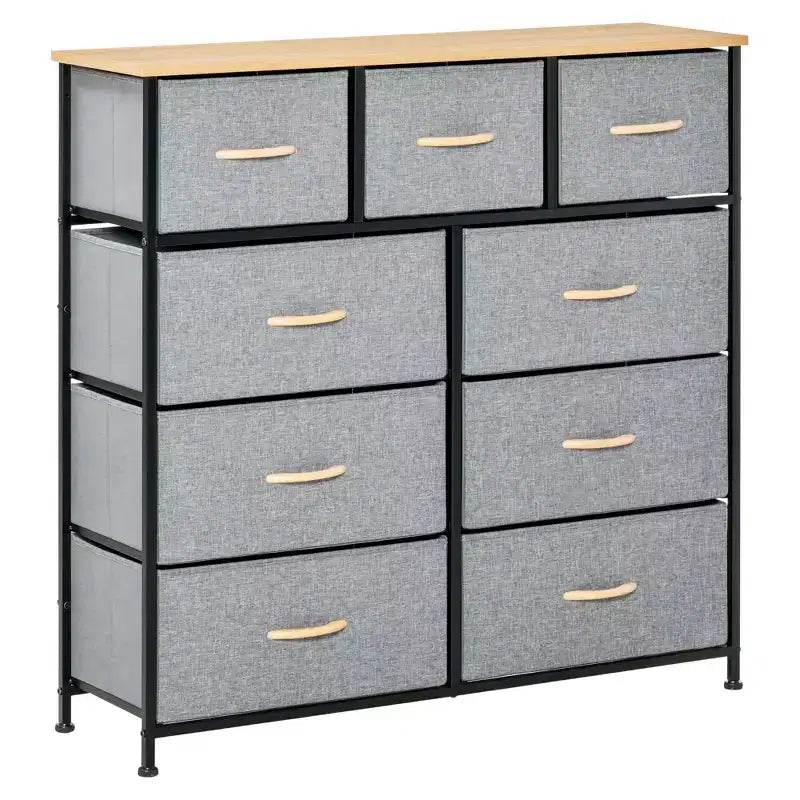 HOMCOM 9 Drawers Storage Chest Dresser Organizer Unit w/ Steel Frame, Wood Top, Easy Pull Fabric Bins, for Hallway, Closet, Oak & Gray