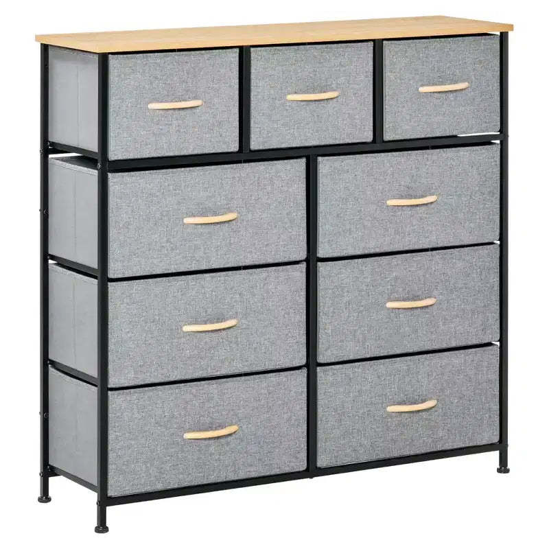 HOMCOM 9 Drawers Storage Chest Dresser Organizer Unit w/ Steel Frame, Wood Top, Easy Pull Fabric Bins, for Hallway, Closet, Oak & Gray