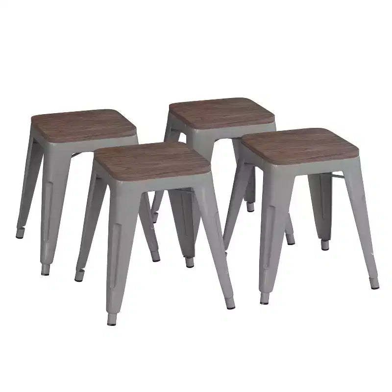 Flash Furniture 18 Backless Table Height Stool with Wooden Seat, Stackable Metal Indoor Dining Stool, Commercial Grade - Set of 4