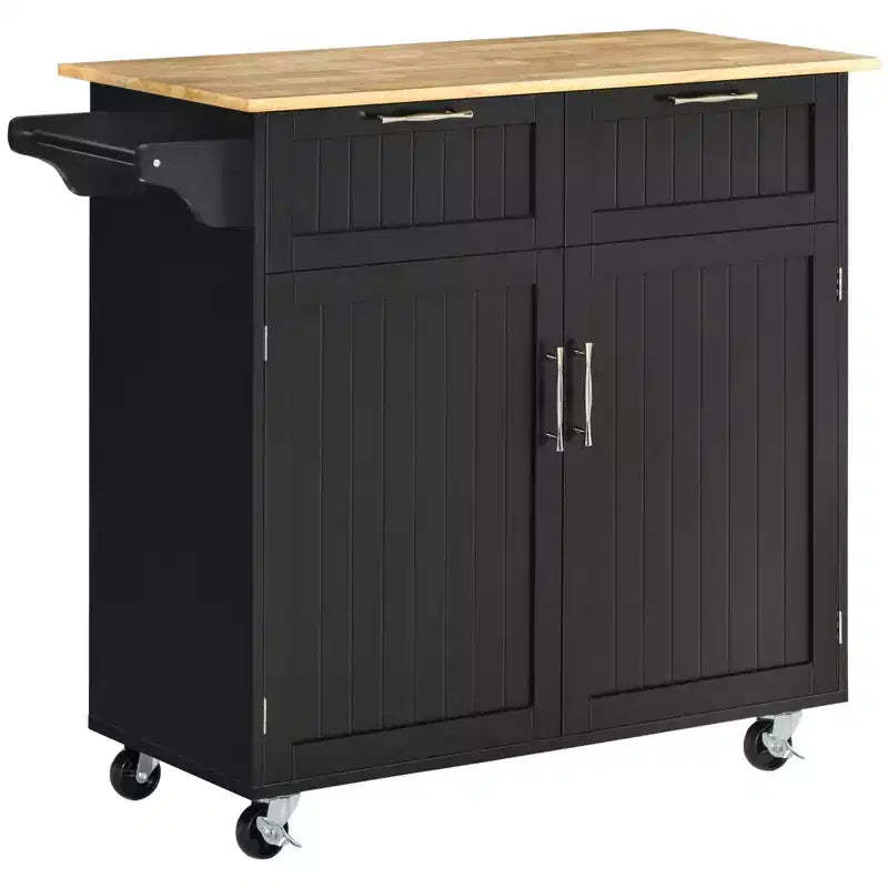 HOMCOM 41 Modern Rolling Kitchen Island on Wheels, Utility Cart Storage Trolley with Rubberwood Top & Drawers