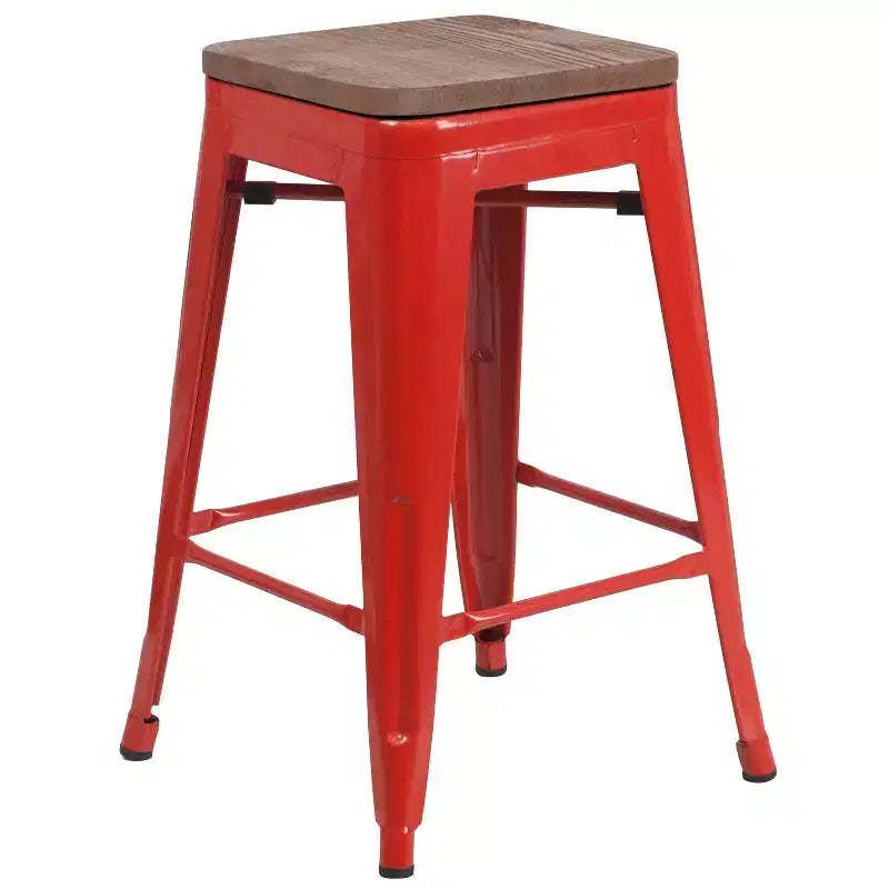 Merrick Lane Backless Metal Dining Stool with Wooden Seat for Indoor Use