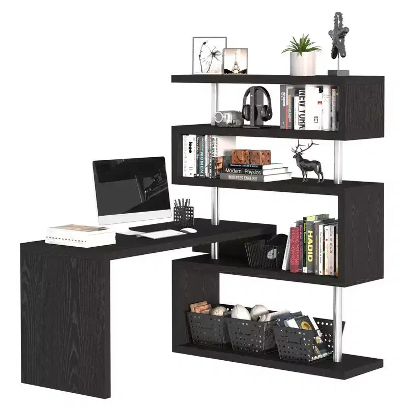 HOMCOM 94 4 Tier Rotating Versatile L-Shaped Computer Desk Writing Table with Display Shelves and Steel Frame, Black