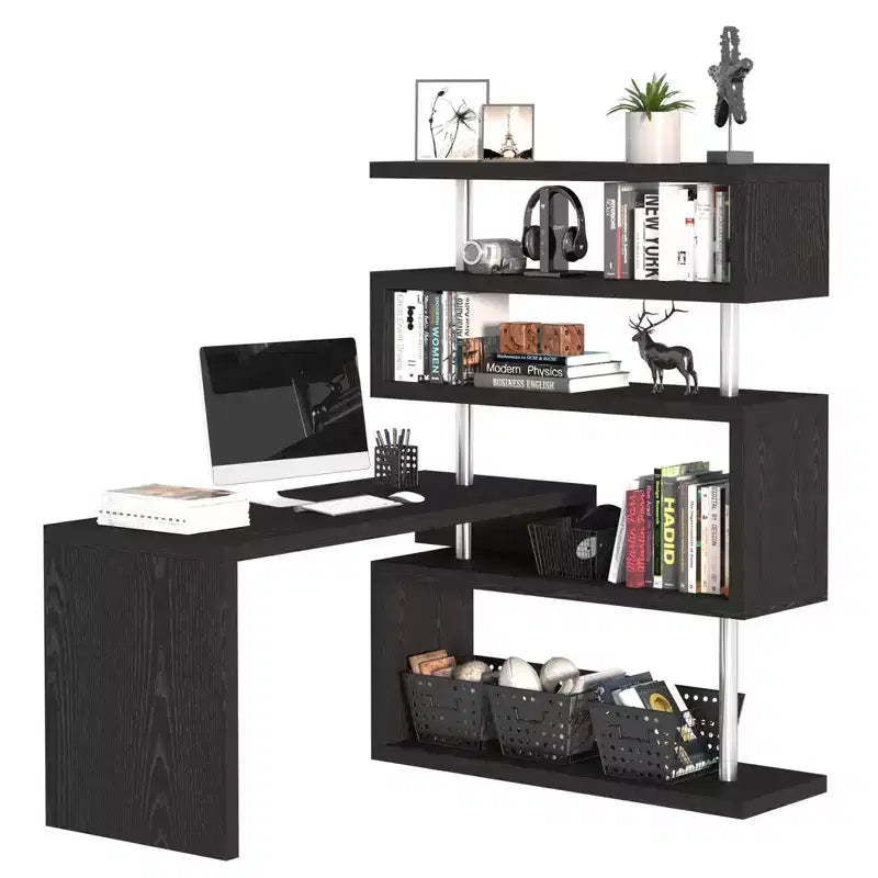 HOMCOM 94 4 Tier Rotating Versatile L-Shaped Computer Desk Writing Table with Display Shelves and Steel Frame, Black