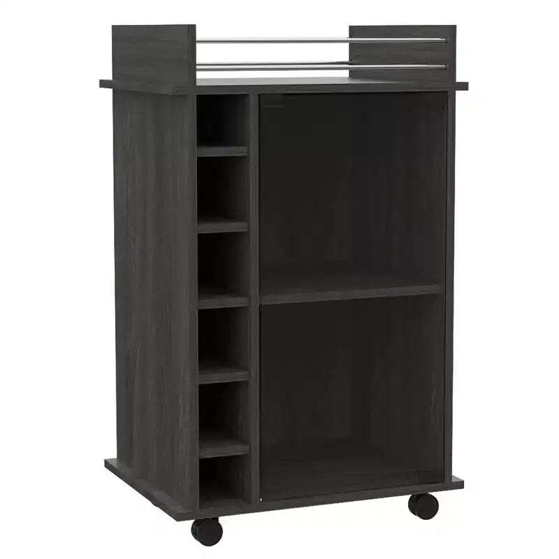TUHOME Portable Dukat Wine and Liquor Bar Storage Display Cabinet Cart with Glass Door, 4 Wheels, 2 Shelves, and 6 Cubbies