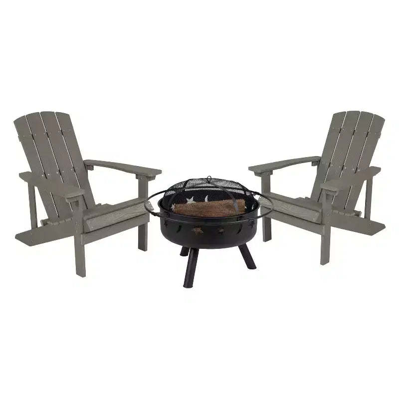 Emma and Oliver Three Piece Hartford Camping Set with Two Faux Wood Adirondack Chairs and Star and Moon Fire Pit with Mesh Cover