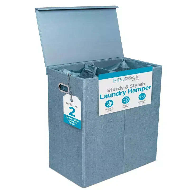 BirdRock Home Double Linen Laundry Hamper with Lid and Removable Liner - Light Blue