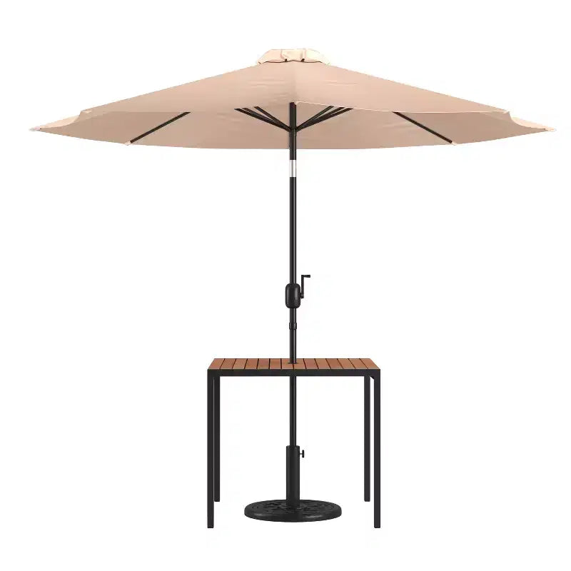 Emma and Oliver 3 Piece Patio Table Set - Synthetic Faux Teak Dining Table with Umbrella Hole & Umbrella with Weighted Base