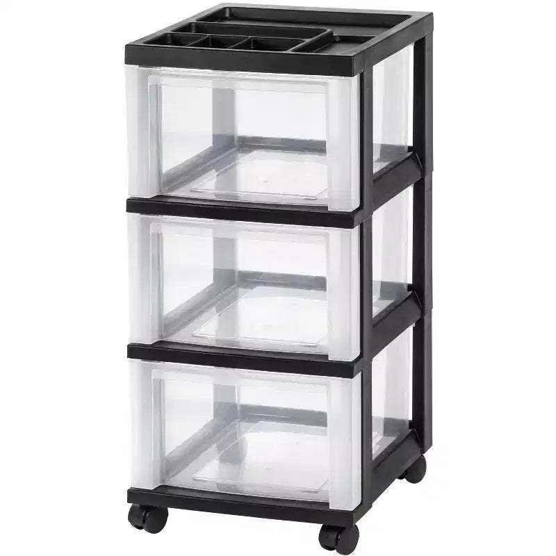 IRIS USA Medium 3 Drawer Cart with Organizer Top, Black