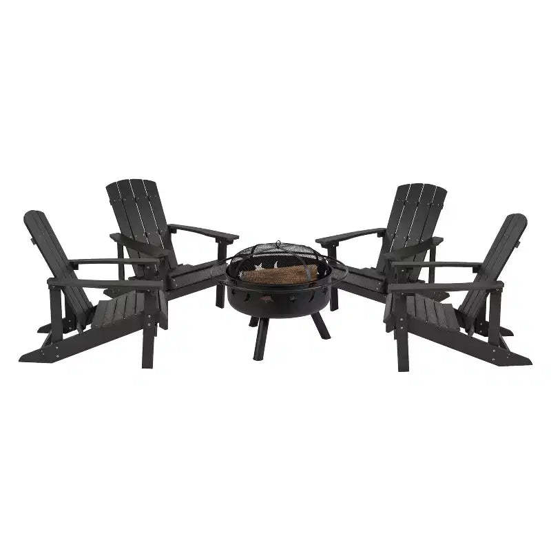 Merrick Lane Ayala 5 Piece Outdoor Leisure Set with Set of 4 Poly Resin Adirondack Chairs and Star and Moon Iron Fire Pit