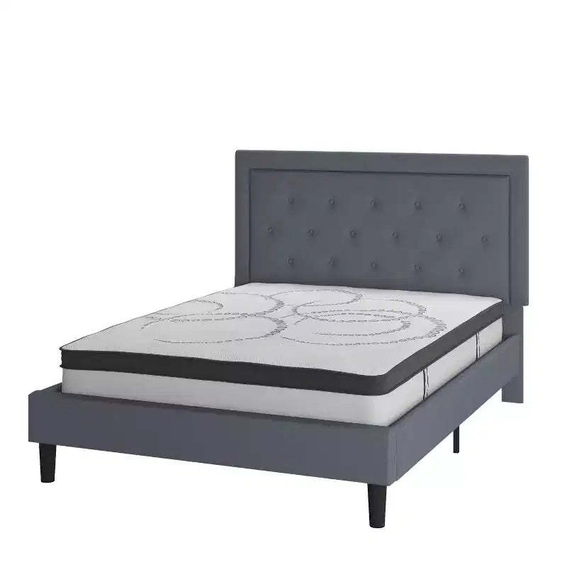 Flash Furniture Roxbury Tufted Upholstered Platform Bed with 10 Inch CertiPUR-US Certified Foam and Pocket Spring Mattress