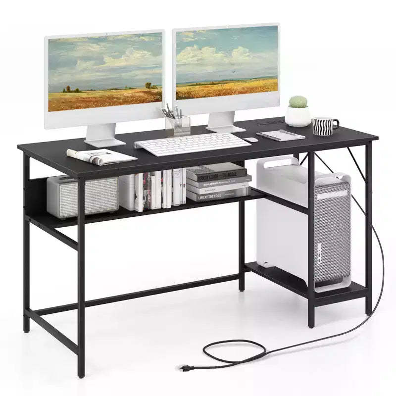 Costway 55'' Computer Desk w/ Charging Station Home Office PC Desk w/ 4 Power Outlets