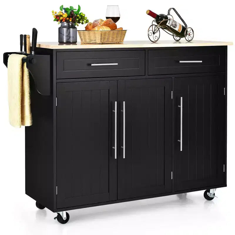 Costway Kitchen Island Trolley Cart Wood Top Rolling Storage Cabinet w/Knife Block Black
