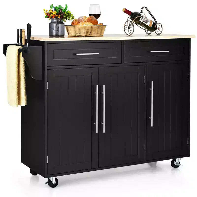 Costway Kitchen Island Trolley Cart Wood Top Rolling Storage Cabinet w/Knife Block Black