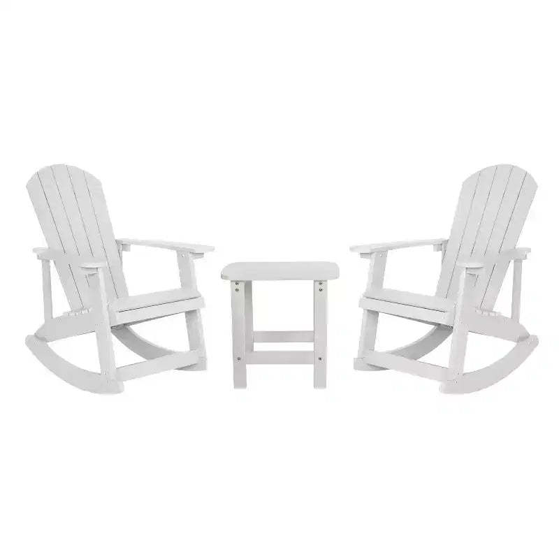Flash Furniture Set of 2 Savannah All-Weather Poly Resin Wood Adirondack Rocking Chairs with Side Table
