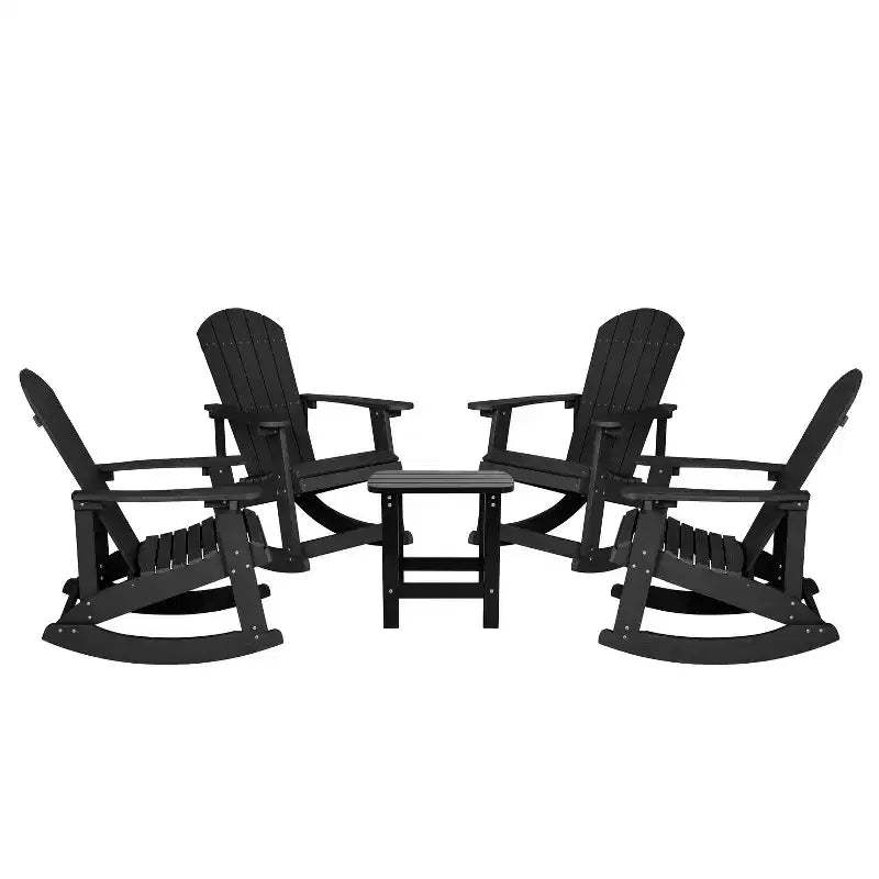 Flash Furniture Set of 4 Savannah All-Weather Poly Resin Wood Adirondack Rocking Chairs with Side Table