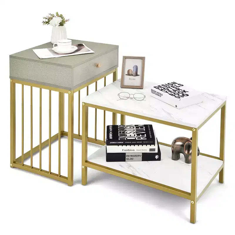 Costway Set of 2 Nesting Coffee Table Drawer Shelf Modern Sofa Side Table Steel Frame