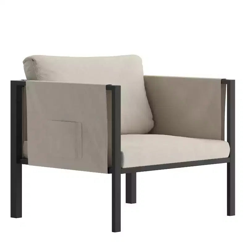 Emma and Oliver Indoor Outdoor Patio Lounge Chair, Steel Framed Club Chair with Cushions and 2 Storage Pockets