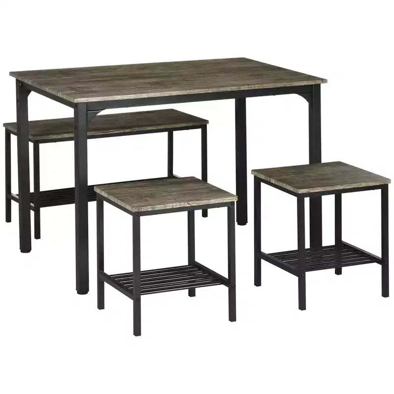 HOMCOM Industrial Dining Table Set, Kitchen Table and Chairs for 4, Dinner Table with Bench Set Metal Frame Storage Shelf, Dinette Set, Rustic Brown