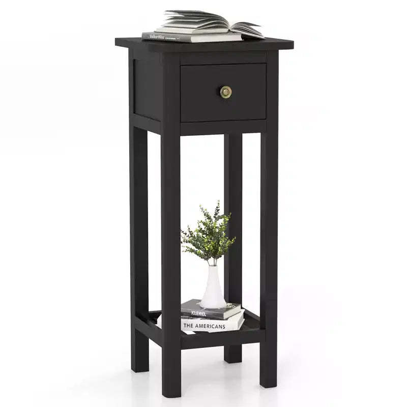 Costway Solid Wood Side Table Telephone Table with Drawer & Open Shelf for Living Room