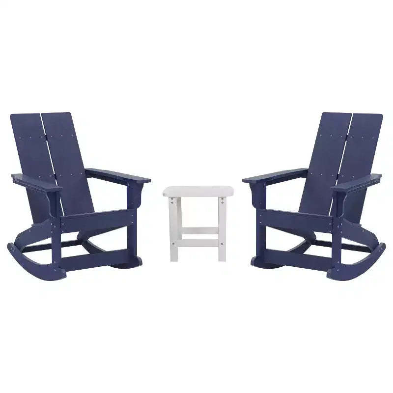 Flash Furniture Set of 2 Finn Modern Commercial Grade All-Weather 2-Slat Poly Resin Rocking Adirondack Chairs with Side Table