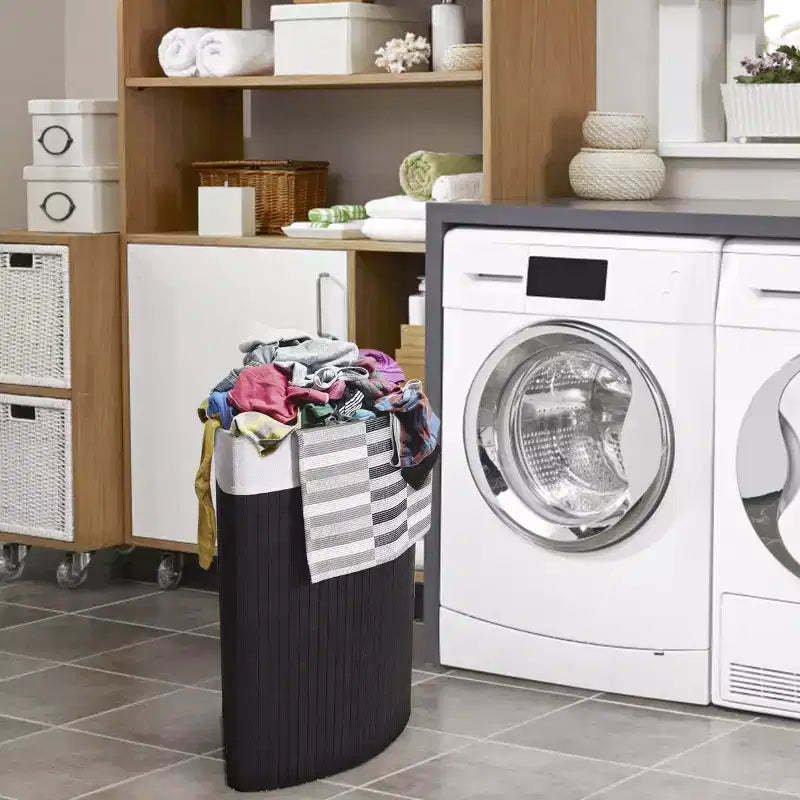 Costway Corner Bamboo Hamper Laundry Basket Washing Cloth Bin Storage Bag Lid Black