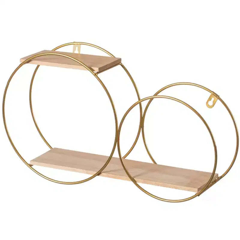Fabulaxe Tiered Modern Decorative Round Accent Floating Shelf Circle Decor Display Wall Mounted Shelf with Metal Frame and Pine Wood Shelves, Gold