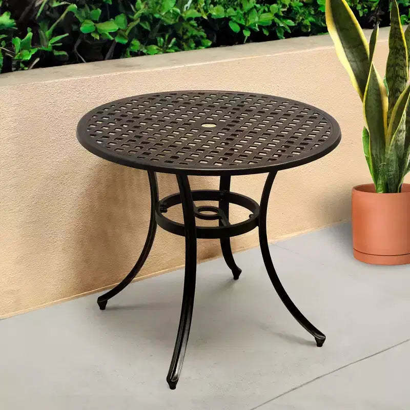 Kinger Home 34-inch Patio Outdoor Dining Table with Umbrella Hole, Cast Aluminum Patio Dining Furniture Table, Brown