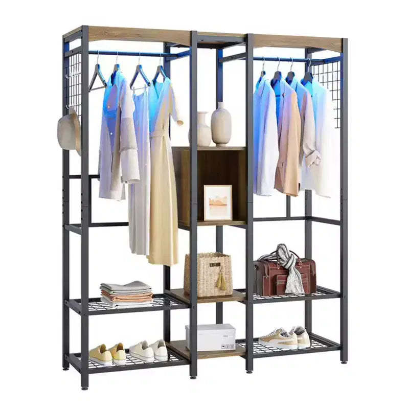 Bestier Metal Freestanding Wardrobe Storage Unit with Wooden Top Shelf and Built In Color Changing Lights with 7 Colors and 20 Dynamic Modes, Oak
