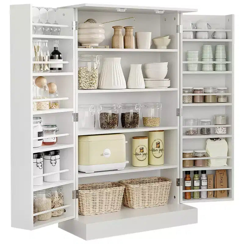 HOMCOM 41 Modern Kitchen Pantry Freestanding Storage Cabinet with Double Doors Adjustable Shelves for Living Room - White