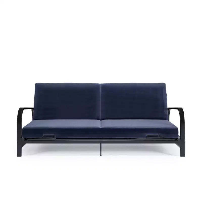 RealRooms Karli Black Metal Arm Futon Frame with 6 Blue Mattress and extra Black Slipcover