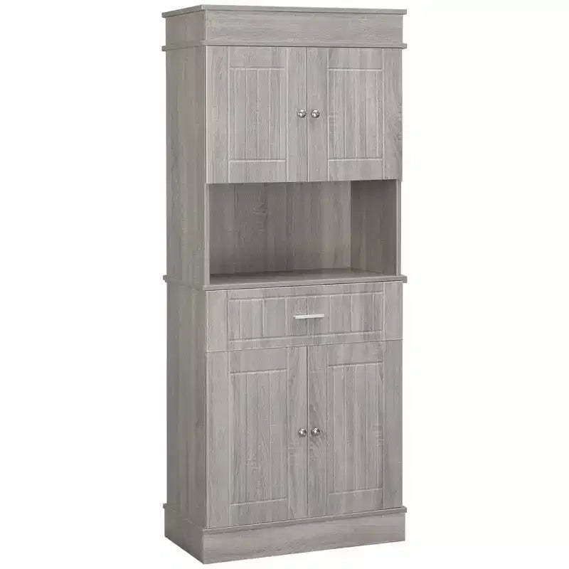 HOMCOM 72 Kitchen Buffet with Hutch, Freestanding Pantry Cupboard with Utility Drawer, Anti-tipping 2 Door Cabinets and Countertop, Gray Wood Grain