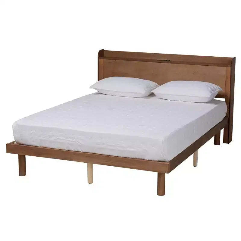 Decker Wood Platform Bed with Charging Station Walnut Brown - Baxton Studio