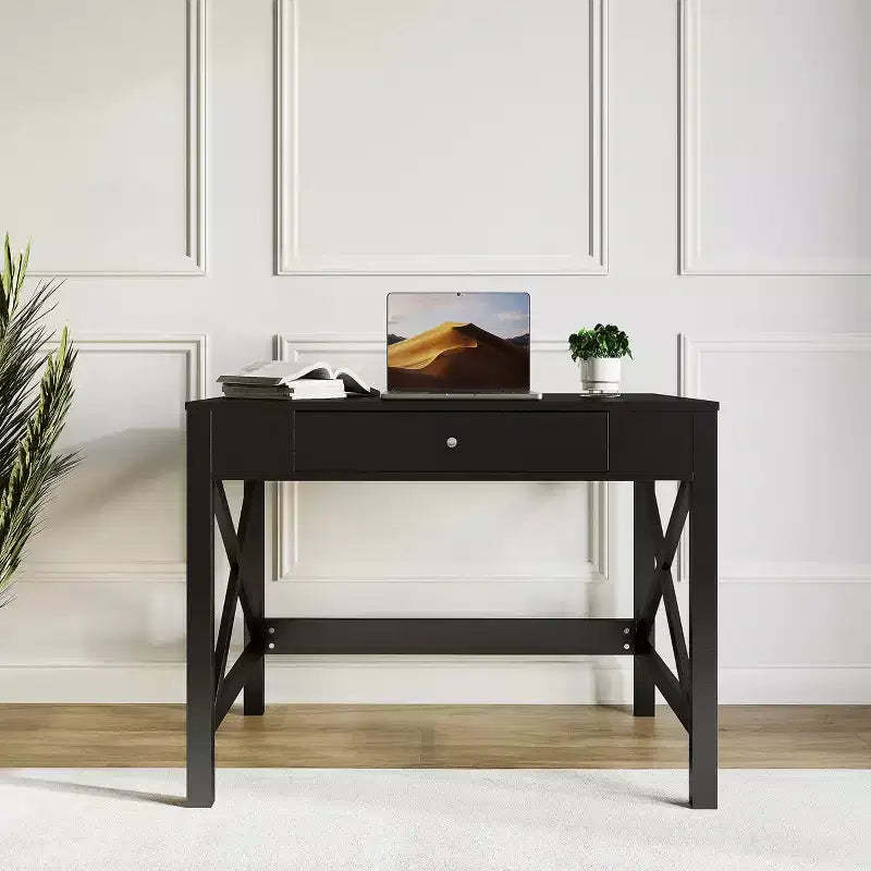 Writing Desk - Modern Desk with X-Pattern Legs and Drawer Storage - For Home Office, Bedroom, Computer, or Craft Table by Lavish Home (Black)