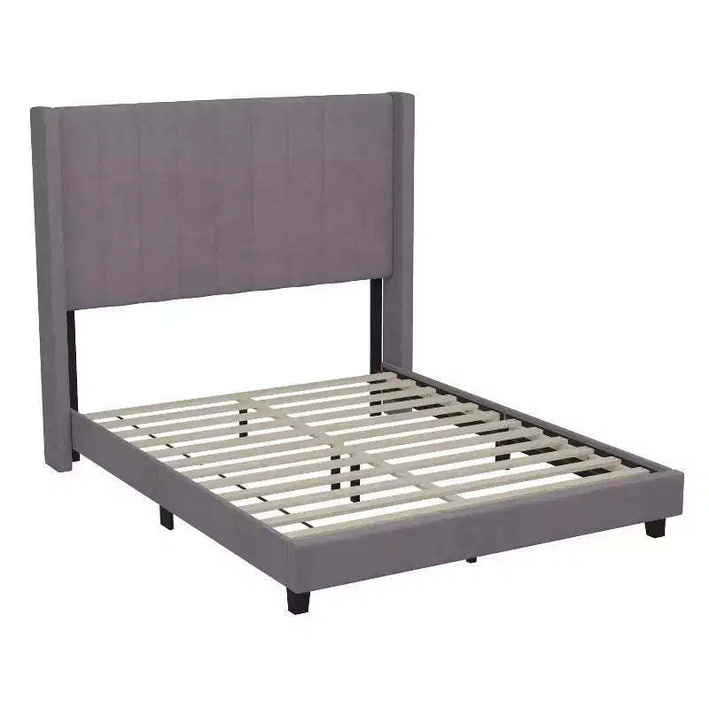 Emma and Oliver Upholstered Platform Bed with Vertical Channel Stitch Detail and Engineered Wood Frame - No Box Spring Required